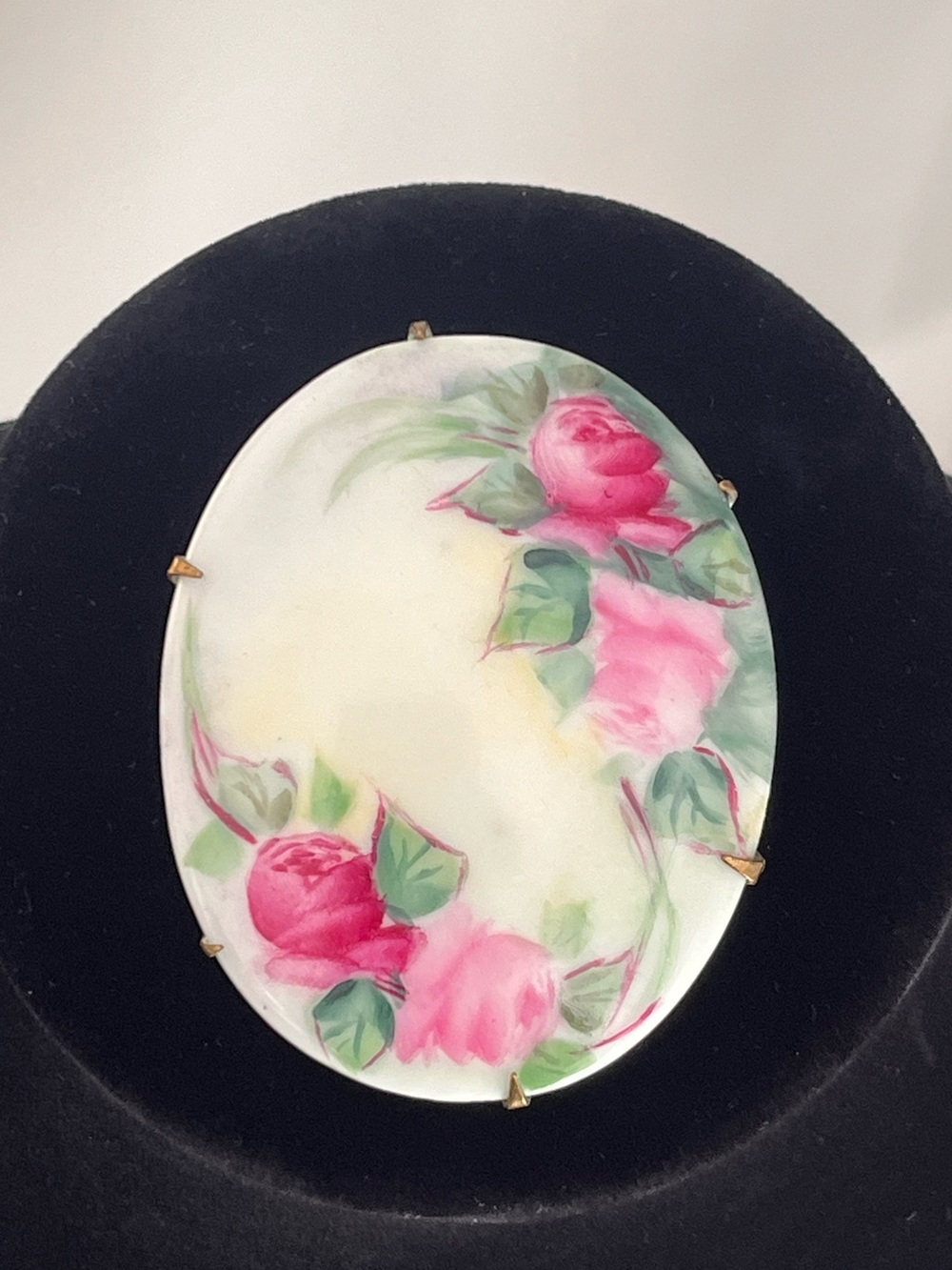 Antique Edwardian Hand-Painted Porcelain Pink Rose Brooch Pin C-Clasp c. 1910s